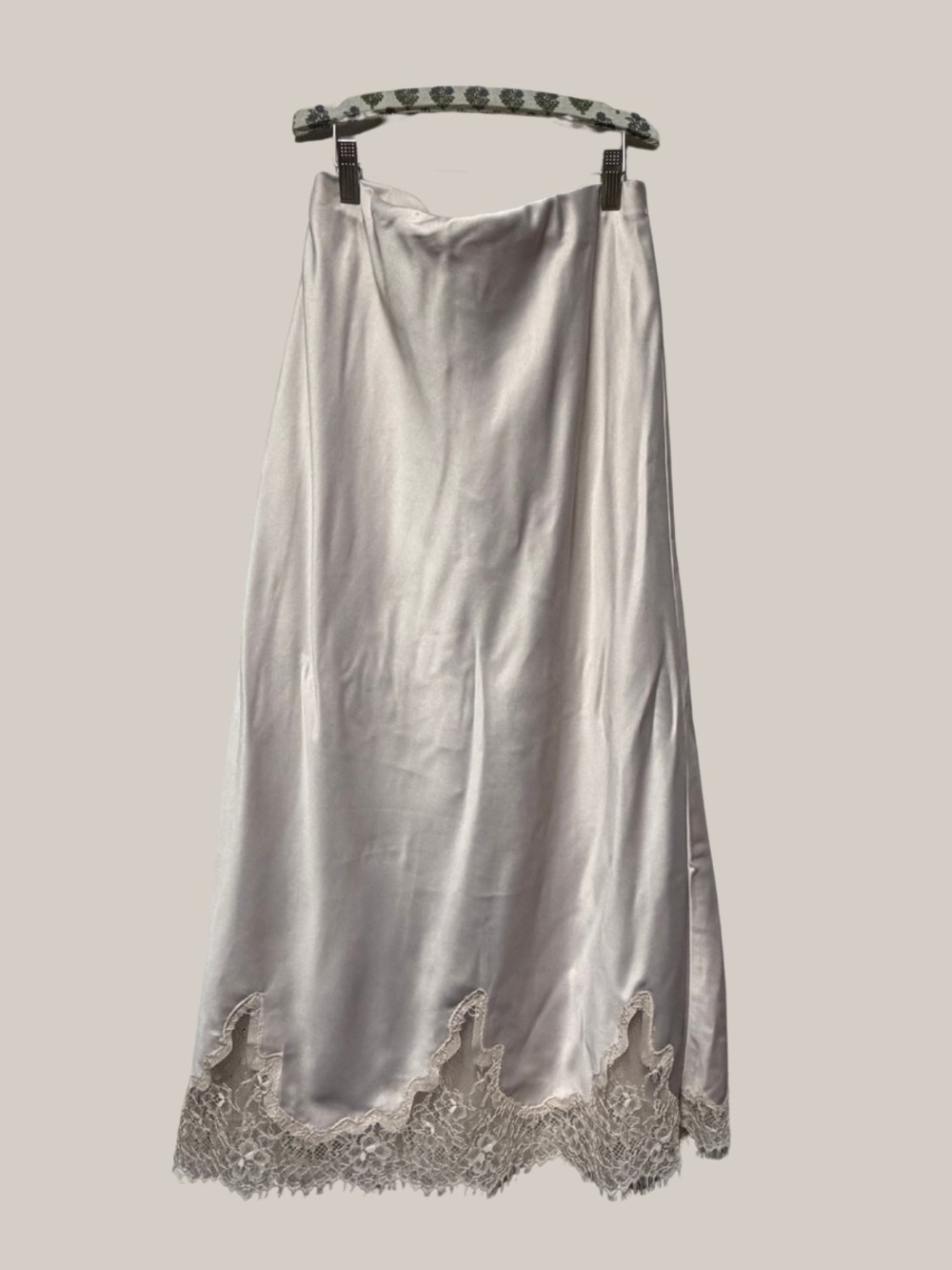 Satin Maxi Skirt with Lace Hem - Cream
